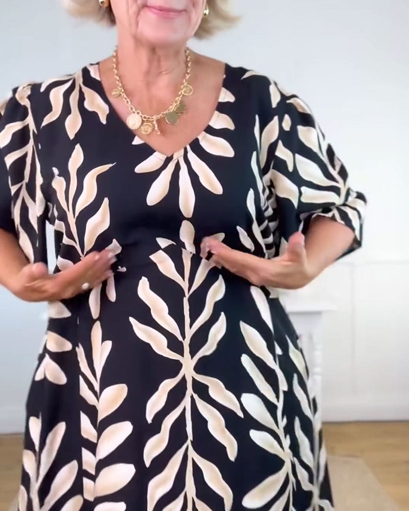 Kjole V-Hals Løs Kort Erme Trykt