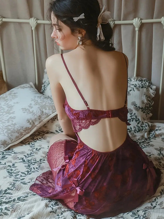 Dame Slim Fit Nattkjole Med Lav V-Hals Snøring Sommerfuglprint Topp Og Ryggløs Lounge-Sett