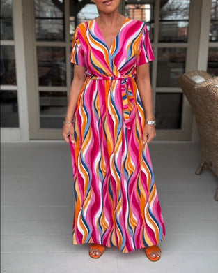 Fargerik, kortermet lang kjole med snøring