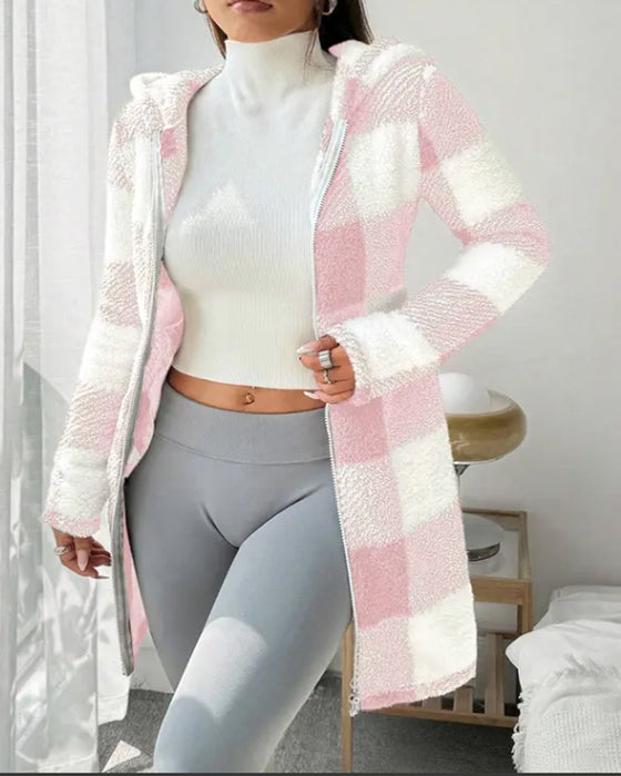 Dames Rutete Fleecejakke Med Hette Og Lange Ermer