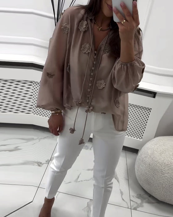 Bluse Ensfarget 3D-Blomster Snøring