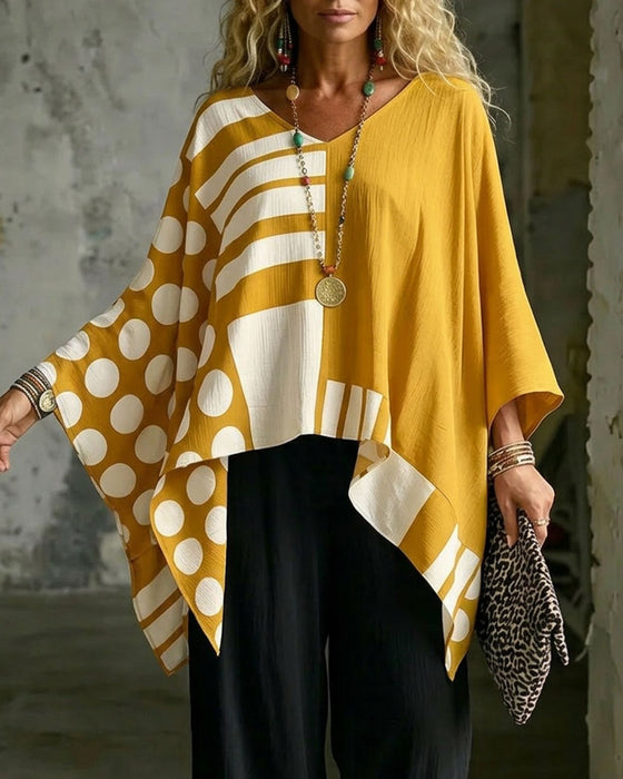 Bluse Polka Dot Stripe Patchwork V Hals