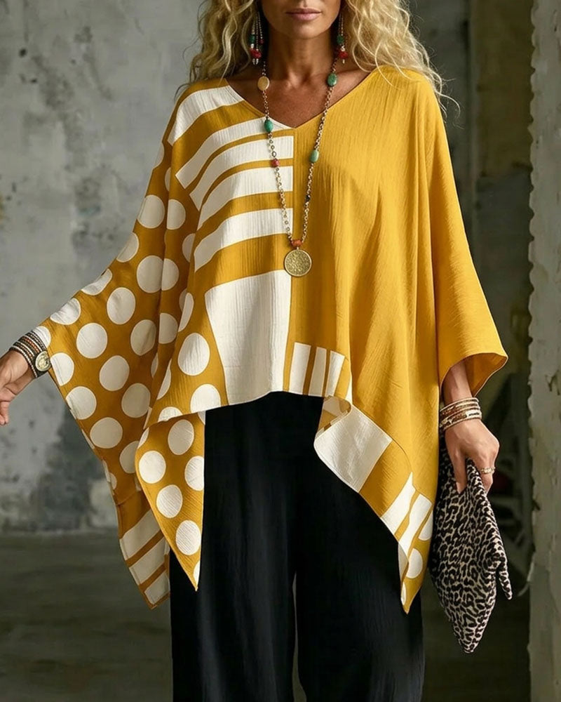 Bluse Polka Dot Stripe Patchwork V Hals