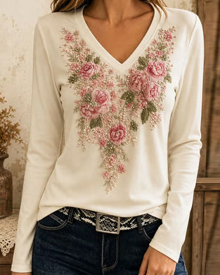 T-Shirt Lang Erme V-Hals Blomstret
