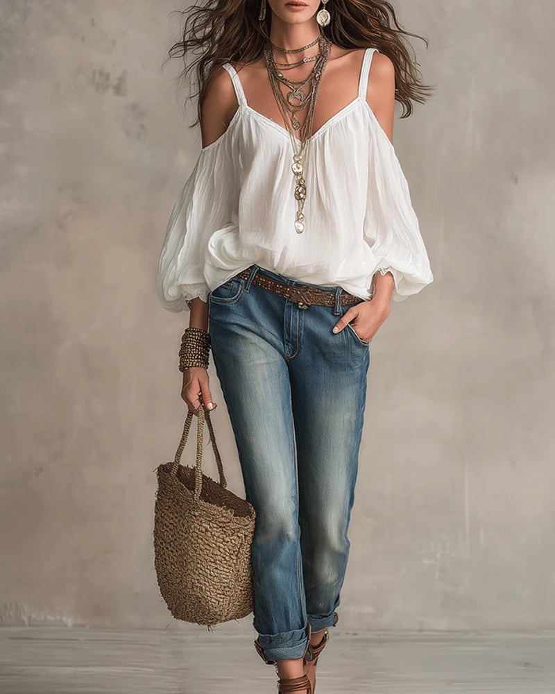 Bluse Off-Shoulder Puff Stropp