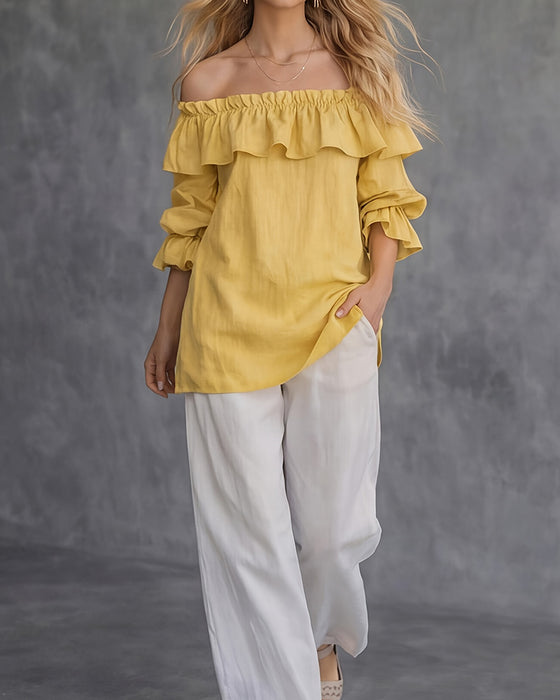 Bluse Off-Shoulder Ruffle Solid Løs