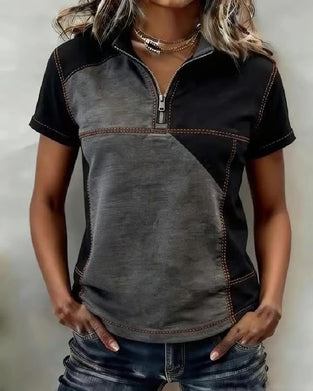 Topp Halvglidelås Fargeblokk Kortermet