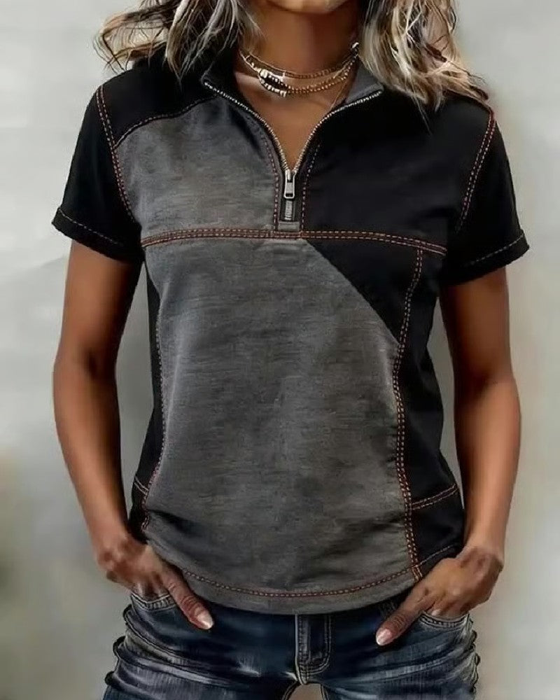 Topp Halvglidelås Fargeblokk Kortermet