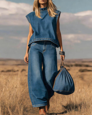 Sett Med Ermeløse Topper Og Buede Denimbukser