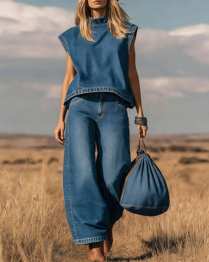 Sett Med Ermeløse Topper Og Buede Denimbukser