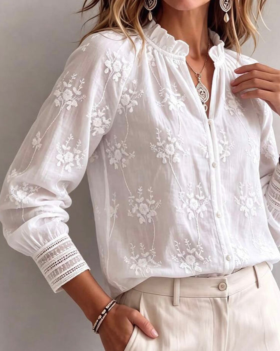 Bluse Ruffle Kant Mandarin Krage