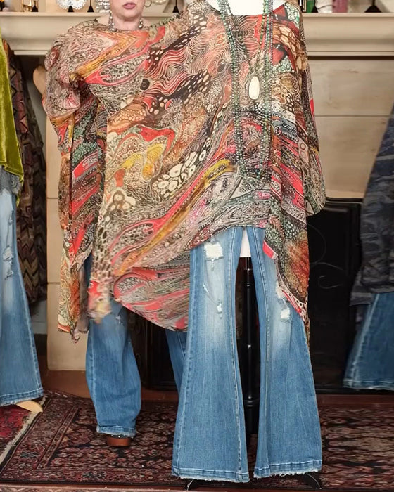 Bluse Løs Flaggermusermet Trykk