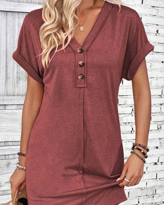 Kjole V-Utringning Knappefront Solid Casual