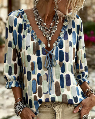 Bluse Fargeblokk Ruffle Knyting V-Hals