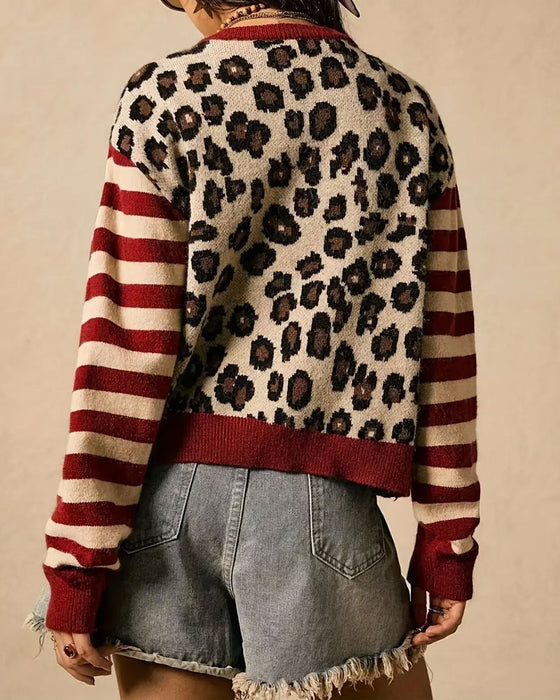 Cardigan Leopardstripe Fargeblokk Knapp