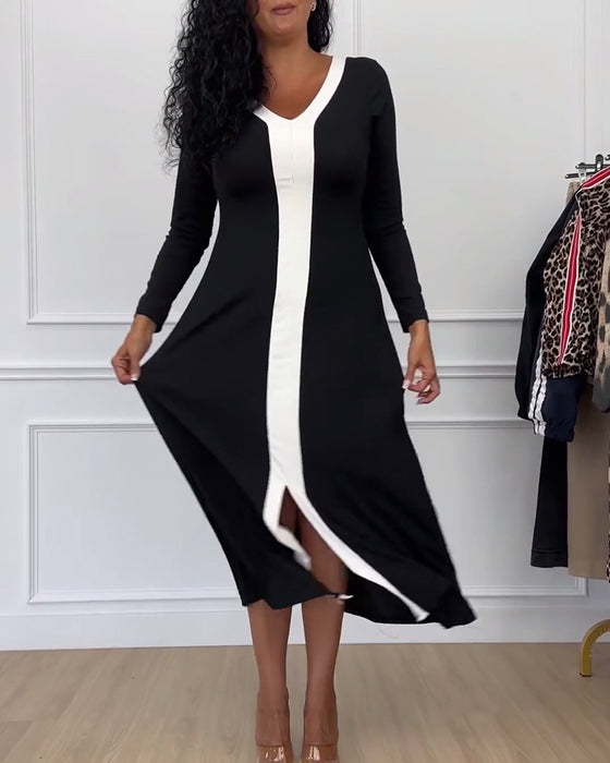 V-hals elegant kjole i kontrastfarge