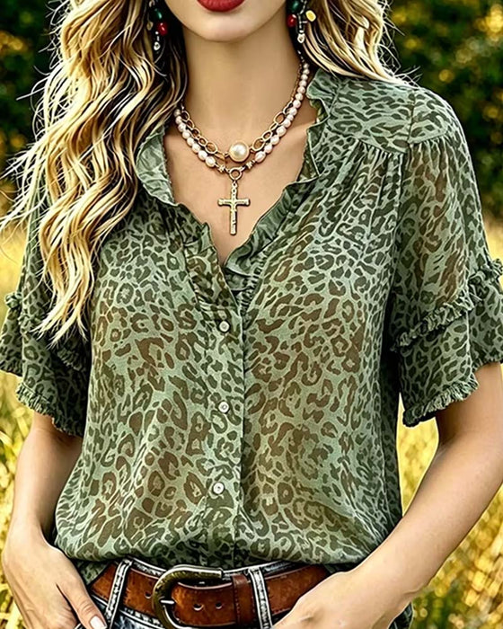 Bluse Grøntones Leopard Trykk Ruffle
