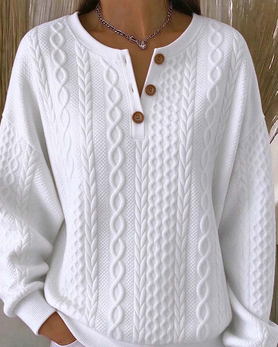 Sweatshirt V-Hals Knappet Flette Ensfarget