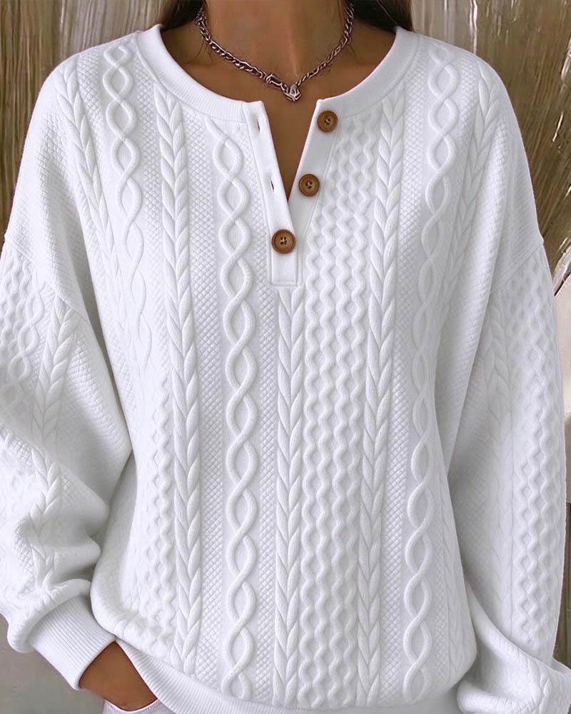 Sweatshirt V-Hals Knappet Flette Ensfarget