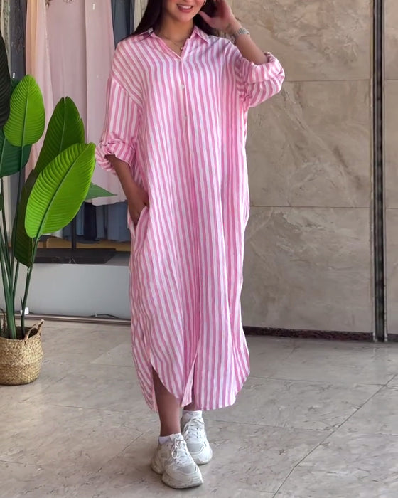 Kjole Løs Revers Stripet