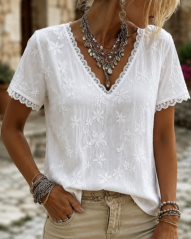 Bluse V-Hals Blonder Kort Erme