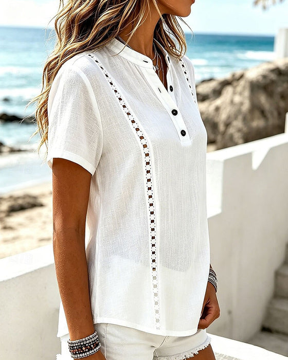 Bluse V-Hals Hollow Out Solid