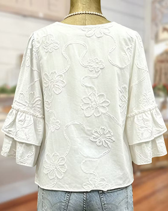 Bluse Tredimensjonal Preget Blomstret V-Hals Utsvinget Erme