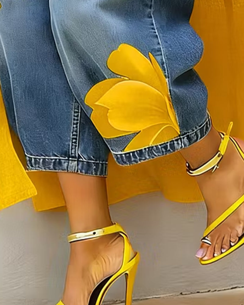 Blomstertrykte Jeans Korte Bredbeinte