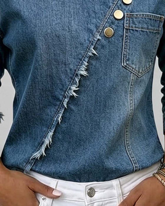 Bluse Jeans Skrå Krage Langermet