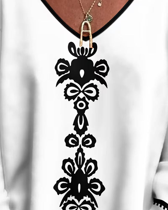 Fargeblokkert V-hals Mønstret Langermet Topp