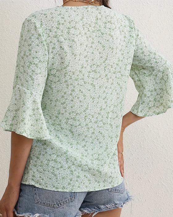 Bluse V-Hals Floral Sommerfugl Erme