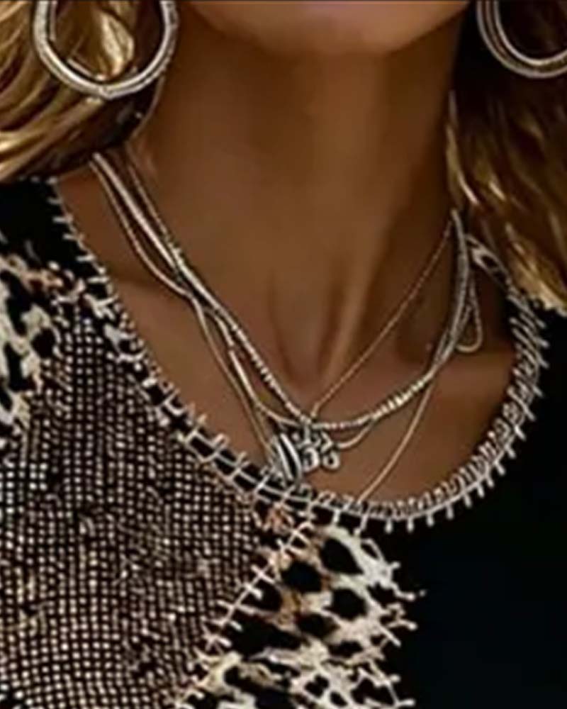 Bluse Rund Hals Leopard Trykk Kontrast Kort Erme