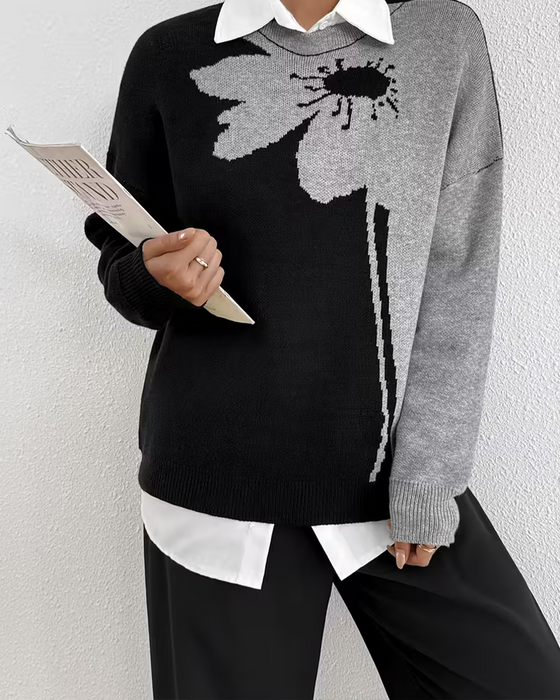 Pullover Fargeblokk Stor Blomstret Jacquard Rund Hals