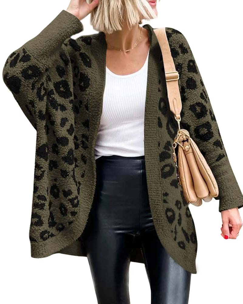 Cardigan Løs Leopardmønster Langermet