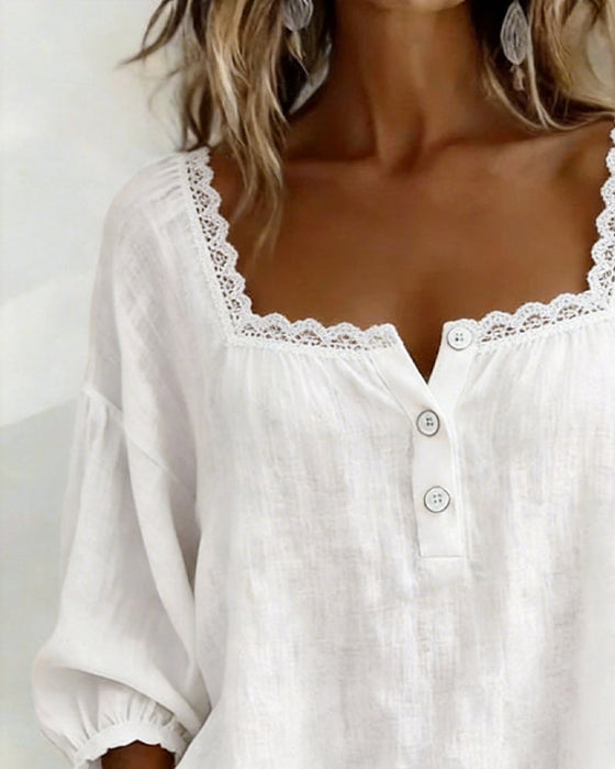 Bluse Med Firkantet Hals Blonder Pufferm
