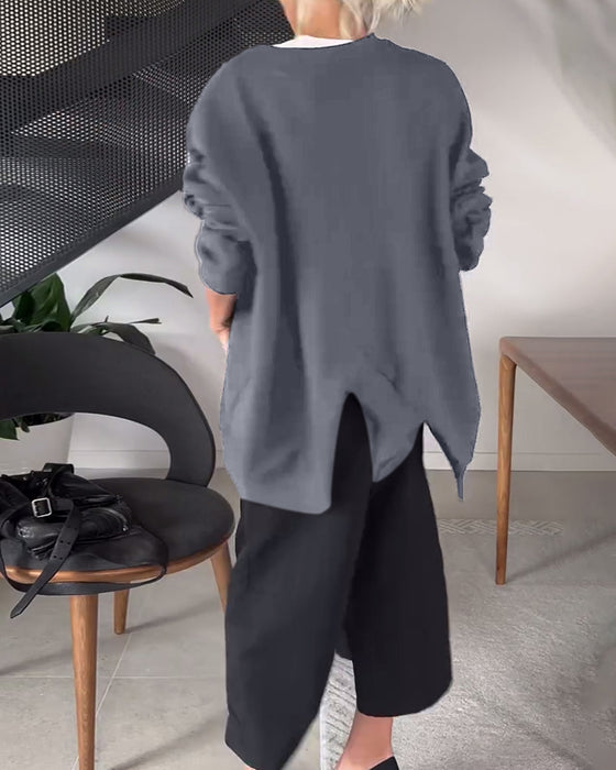 Ensfarget casual genser med rund hals og splitt