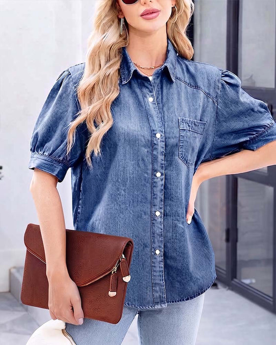 Skjorte Trykknapp Denim Lanterne Erme Løs