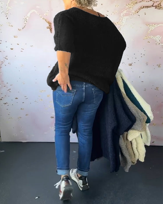 V-hals ensfarget casual genser