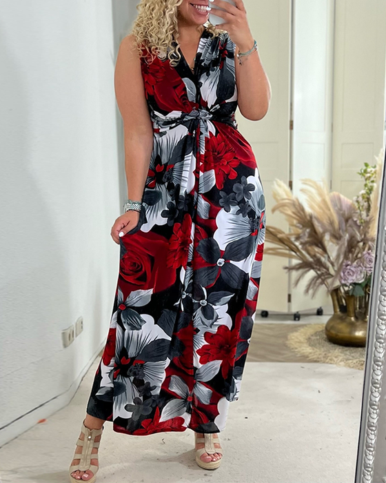 Ermeløs plissert elegant kjole med blomstertrykk