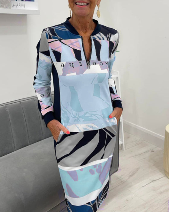 Langermet lomme med glidelås i fargeblokkkjole