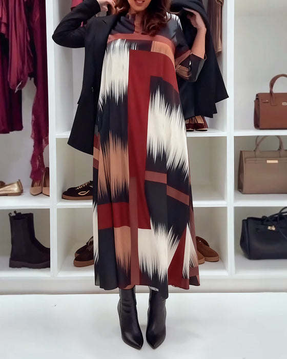 Stilfull Trykt Kjole Med Rund Hals Og Lange Ermer