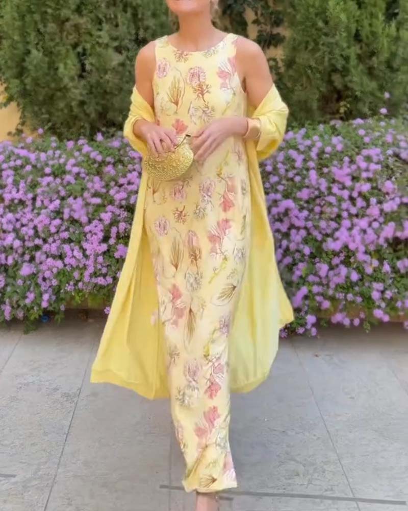 Sett Ermeløs Maxi Kjole + Matchende Cardigan