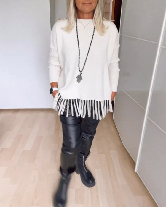 Ensfarget fritidsgenser med frynser