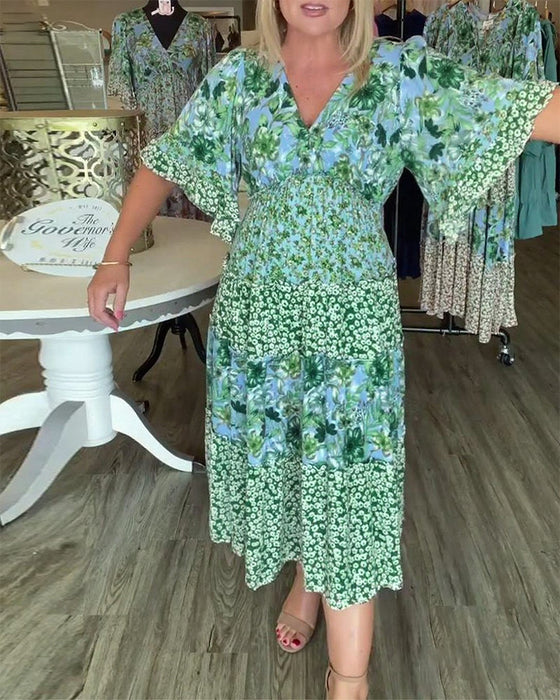 Kjole V-Utringning Lotusserm Blomstret