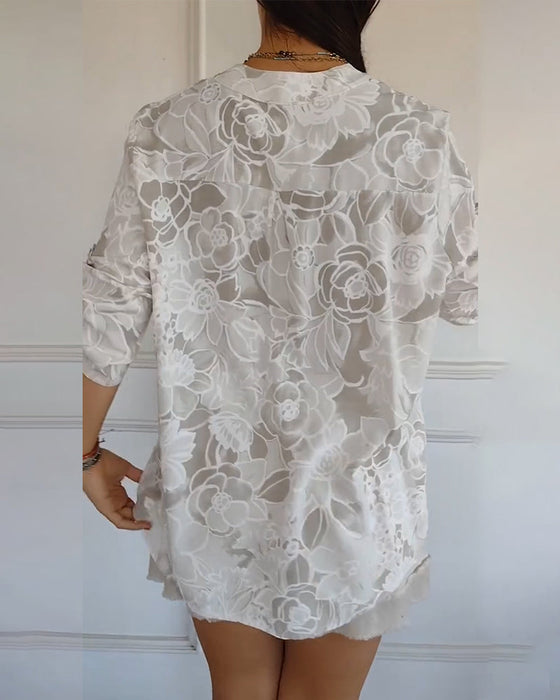 Bluse V-hals Knapper Nedtrykt