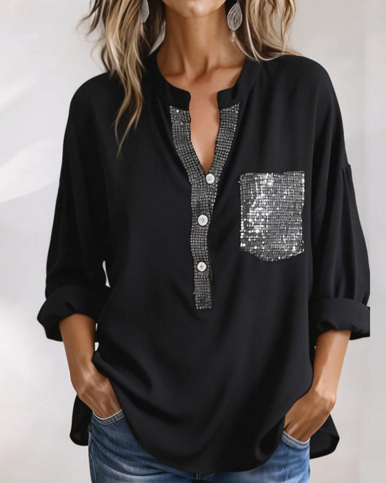 Casual Topp Paljett Patchwork Løs