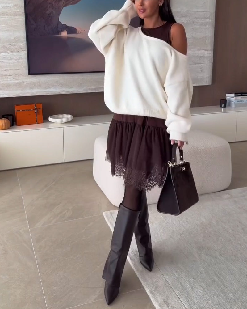 Avskåret Løstsittende Genser & Kniplingskant Kjole