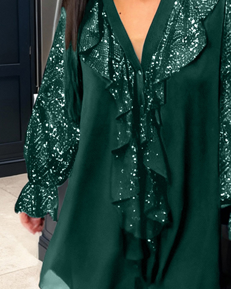 Helfarget Løstsittende Bluser Med Rysjer