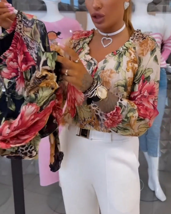 Bluse Med V-Hals Blomstertrykk