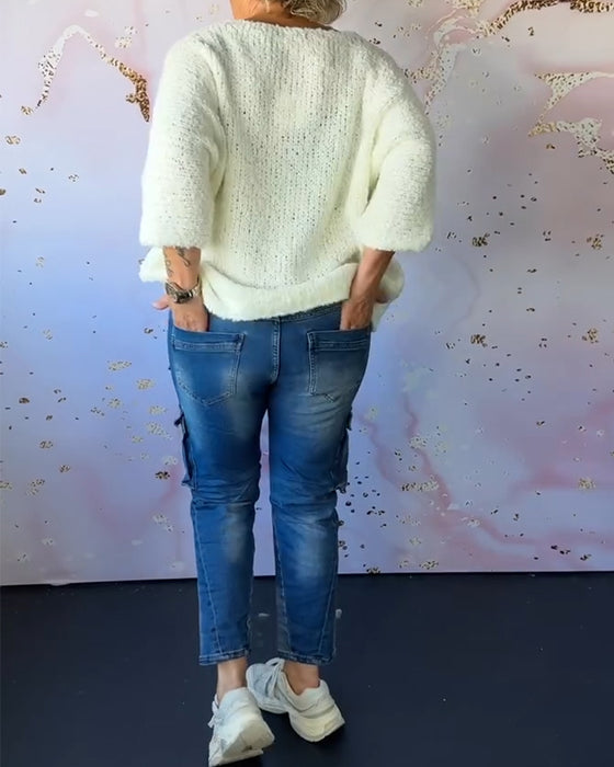 V-hals ensfarget casual genser